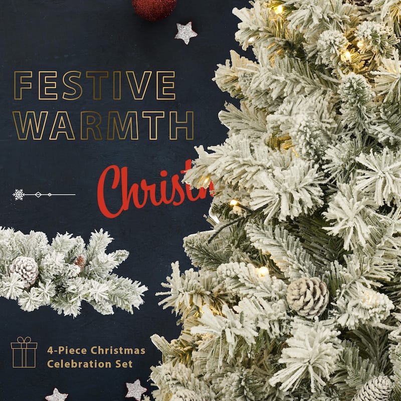 Anmytek Pre-Lit Christmas 4-Piece Set- Tree, Garland, Wreath & 2 Entrance Trees with LED Lights