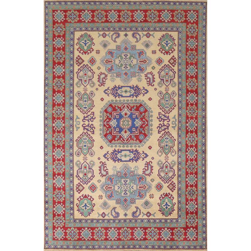 Hand Knotted Oriental 100% Wool Carpet Traditional Geometric Peach Kazak Area Rug - 9' 9'' X 6' 8''