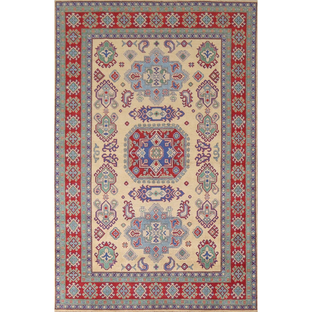 Hand Knotted Oriental 100% Wool Carpet Traditional Geometric Peach Kazak Area Rug - 9' 9'' X 6' 8''