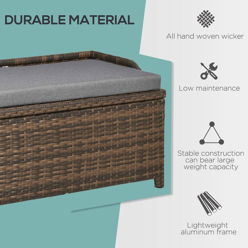 Outdoor Wicker Storage Bench Deck Box Pool Container Storage Box with Interior Waterproof Bag 2 Side Handles and Cushion