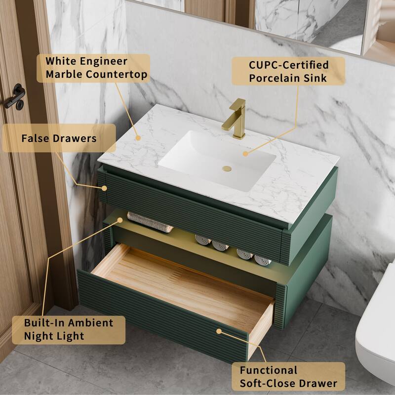 Modland 36" Modern Wall-Mounted Bathroom Vanity with Engineered Stone Countertop & Ceramic Undermount Sink