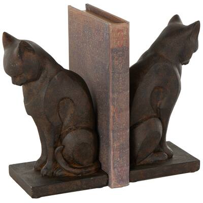 Resin Cat Frowning Bookends with Copper Accents - Set of 2 Dark Brown - Roche River Decor - 3"W x 5"L x 8"H