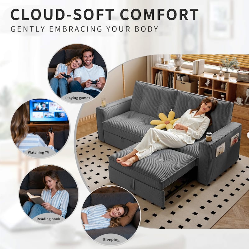 Multi-Functional Corduroy Loveseat Couch Convertible Sleeper Sofa Bed with Cup Holders and Side Pockets for Sitting, Sleeping