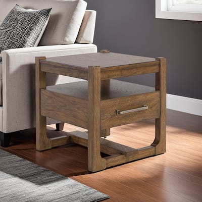 Cabal Square Side End Table, Drawer, Shelf, Light Brown Wood, 24 Inch