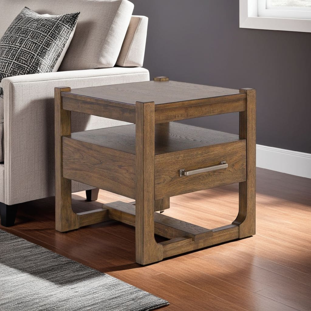 Cabal Square Side End Table, Drawer, Shelf, Light Brown Wood, 24 Inch