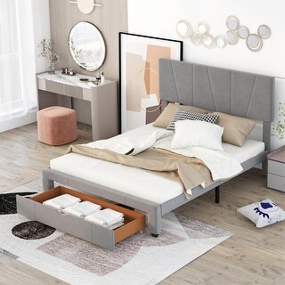Queen Size Velvet Upholstered Platform Bed with Storage Drawer and ...