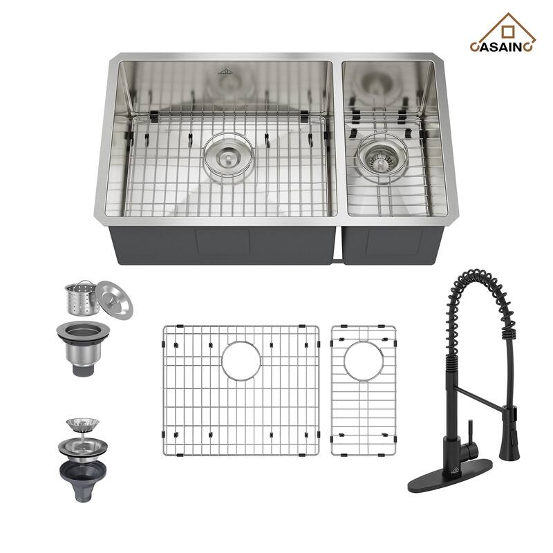 Handmade All-in-One Undermount 60/40 Double Bowl Stainless Steel Kitchen Sink with Faucet, Bottom Grids, and Basket Strainers