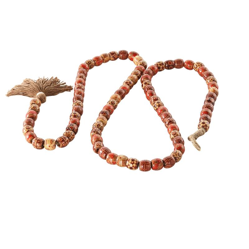 Red or Brown Wood Handmade Long Beaded Garland with Tassel with Bohemian Patterns