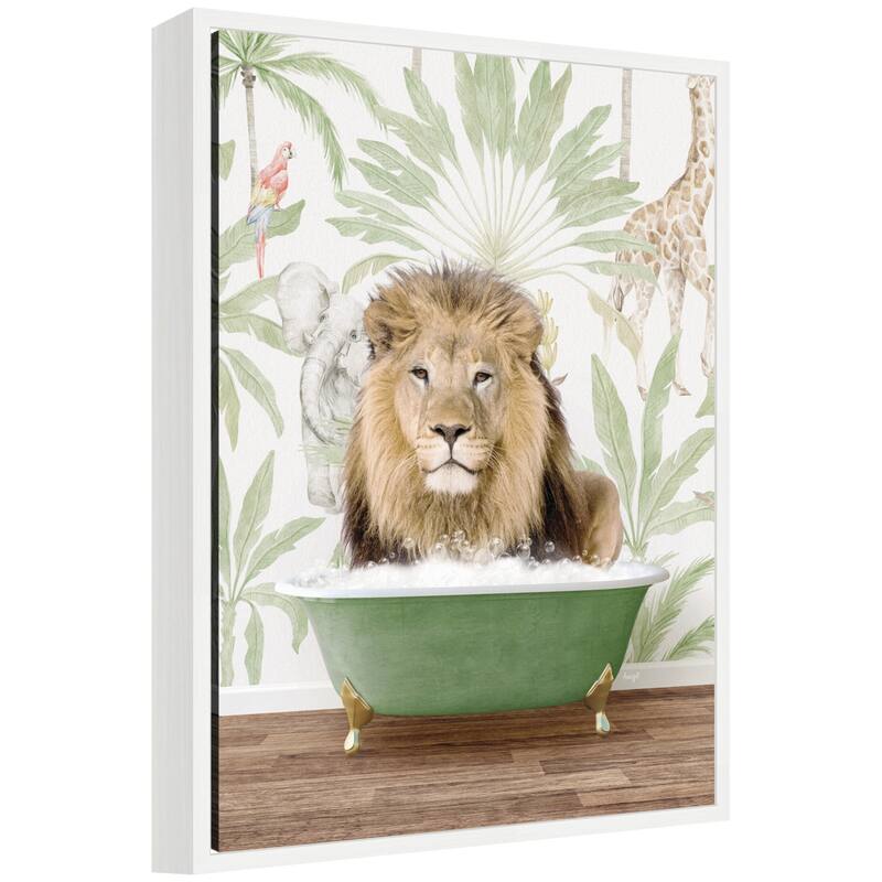 Kate and Laurel Sylvie Lion in Wild Safari Bathtub Framed Canvas by Amy Peterson - White