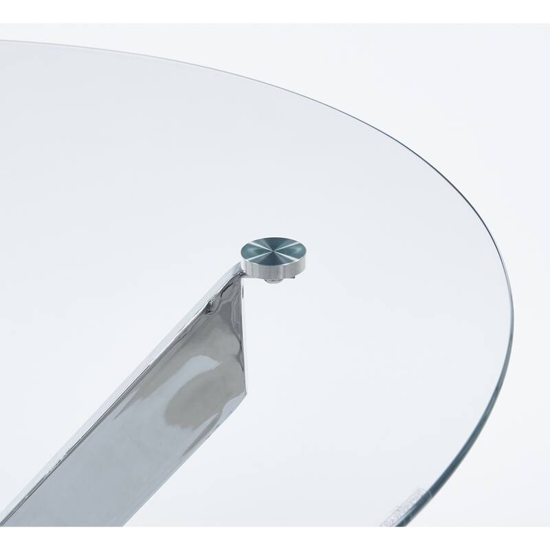 Round Glass Dining Table for 4-Person, Kitchen Table with Tempered Glass Top & Cross Metal Legs, Leisure Table for Small Places