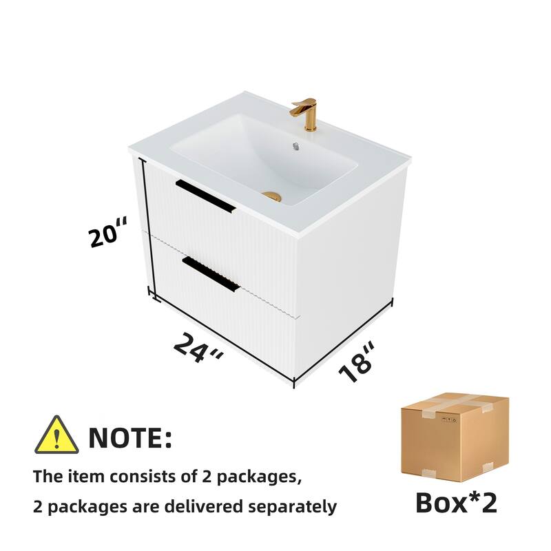 24 Inch Floating Bathroom Vanity with Ceramic Sink, Wall Mounted Modern Fluted Cabinet with 2 Drawers