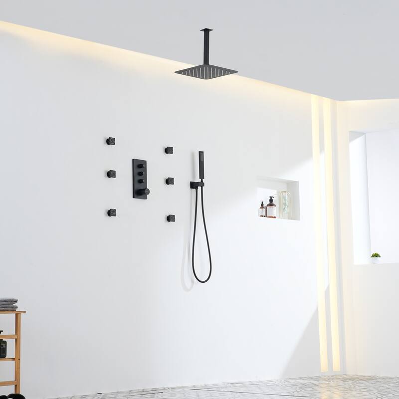 3 Functions 12 Inch Ceiling Mounted Thermostatic Shower System in Matte Black