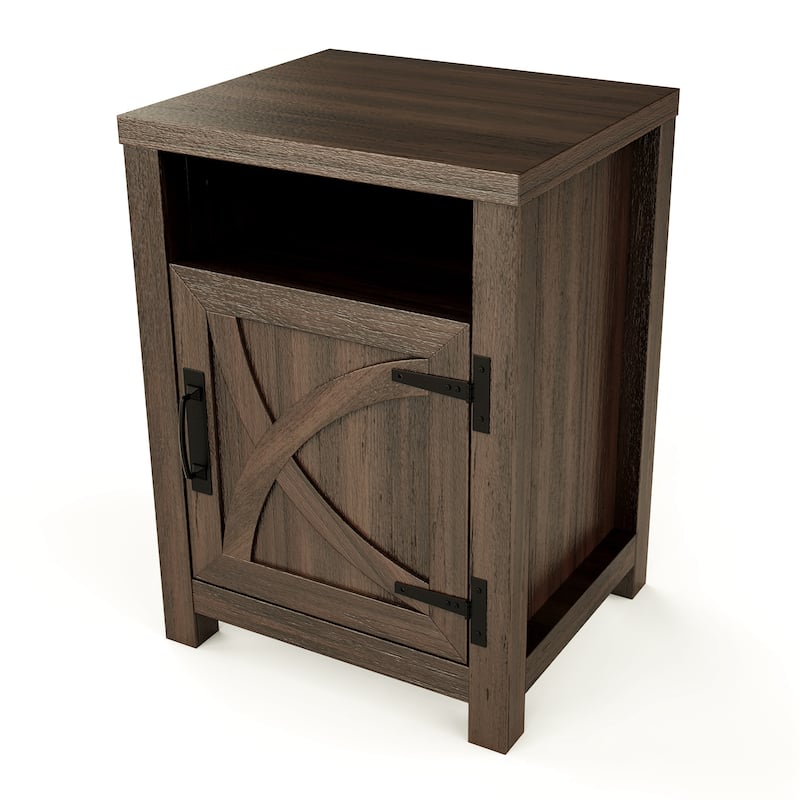 Walnut Barn Door Sofa End Table Nightstand Bedside Table with Storage Shelf