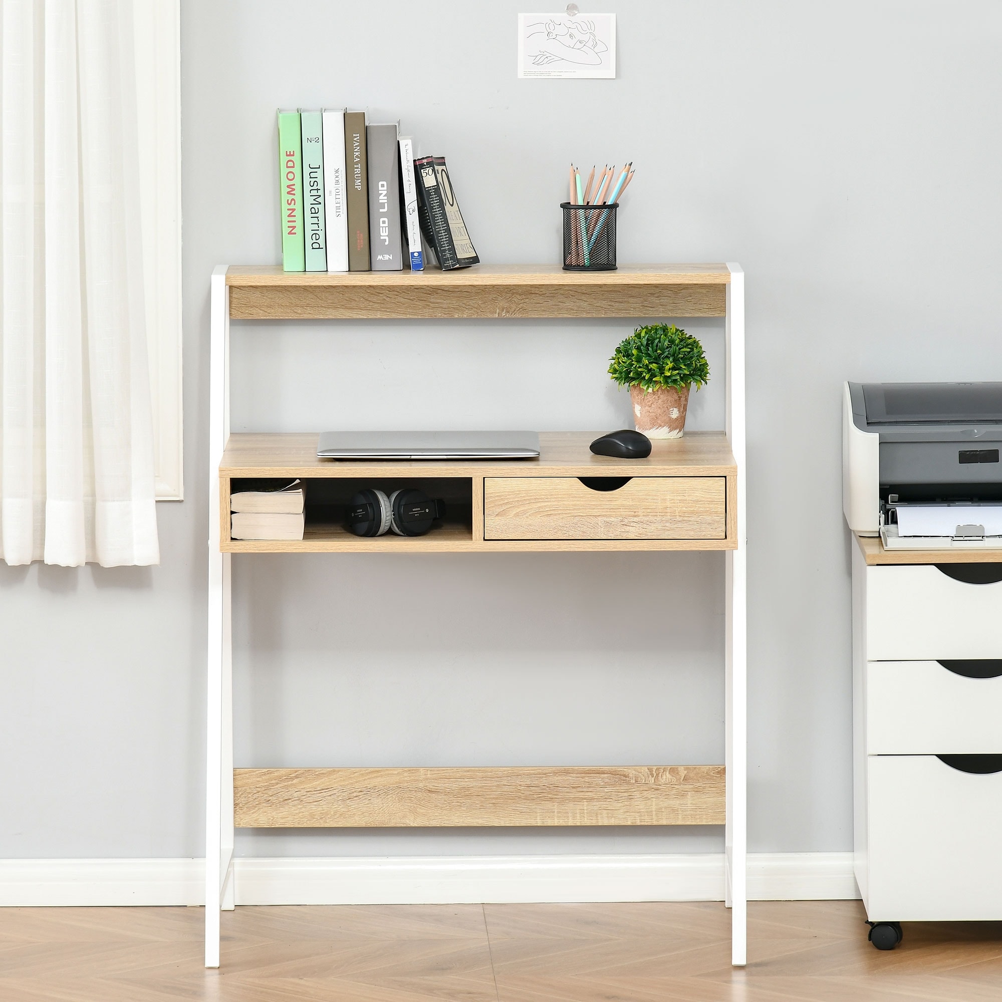 Writing Study Computer Desk Home Office Desk with Storage Shelves, Solid Wood Legs and Drawer for Office Reading Bedroom