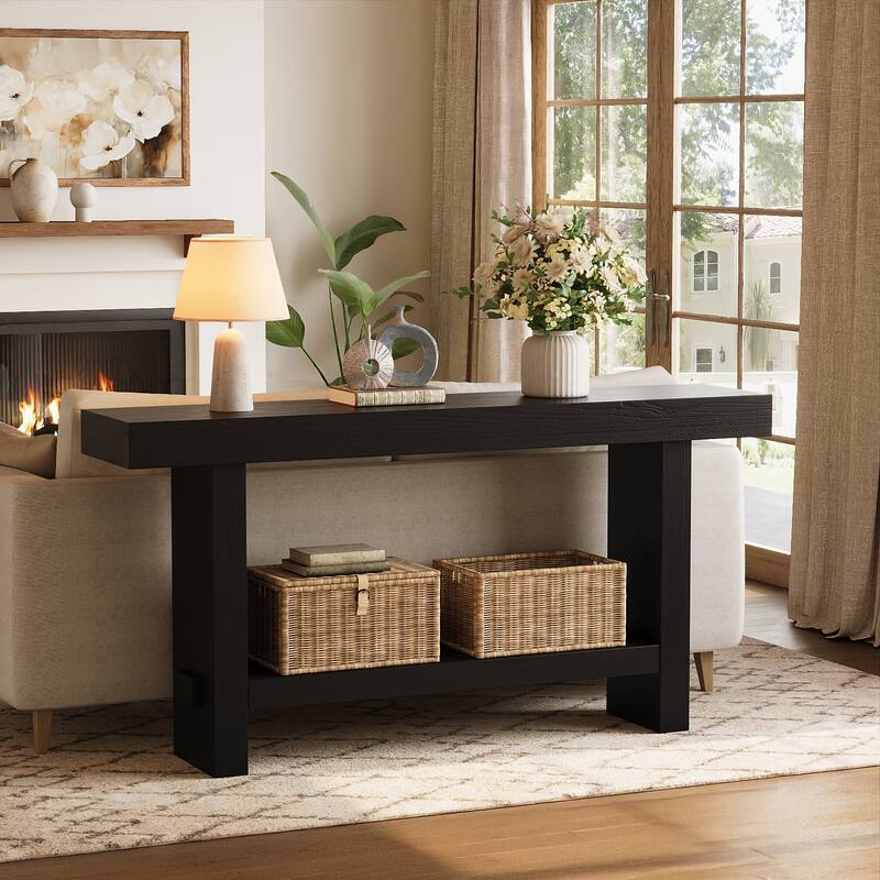 63'' Solid Wood Console Table with Shelf, 2-Tier Narrow Entryway Table