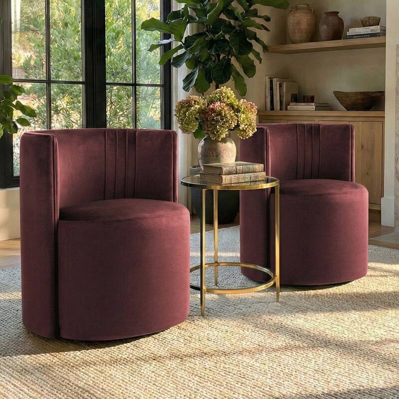 Velvet Swivel Rolling Accent Chairs with Casters - Burgundy-2-piece