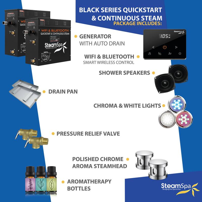 Black Series Steam Bath Generator with Fully Wireless Remote, BLUETOOTH, WIFI, and Auto Drain - 15 KW
