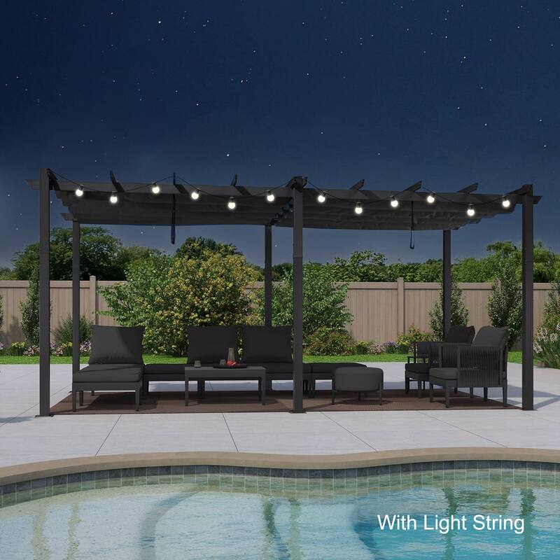 PURPLE LEAF Gazebo Outdoor Retractable Modern Large Size Pergola w Lights - 10ft x 18ft - Grey