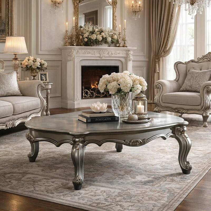 Oval Shaped Wooden Coffee Table with Cabriole Leg Support, Silver