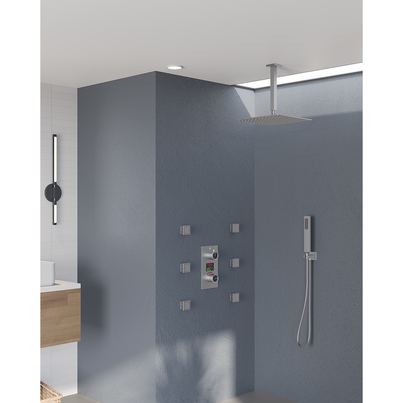 GRANDJOY Thermostatic Shower System Rainfall 12" Ceiling Mount Shower Faucet Digital Display Body Jets Handheld Shower Head