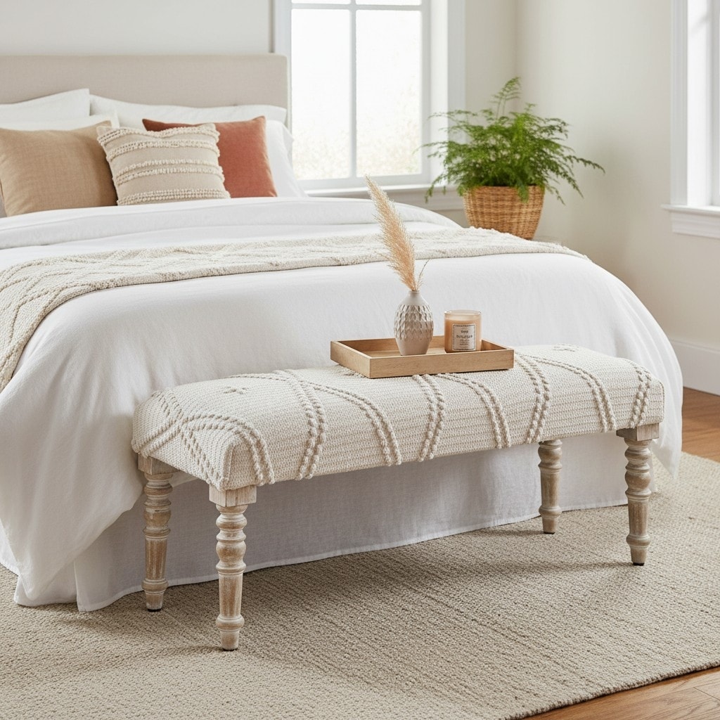 46 in. White Upholstered Accent Bench with Cream Solid Wood Frame