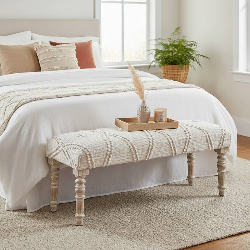 46 in. White Upholstered Accent Bench with Cream Solid Wood Frame