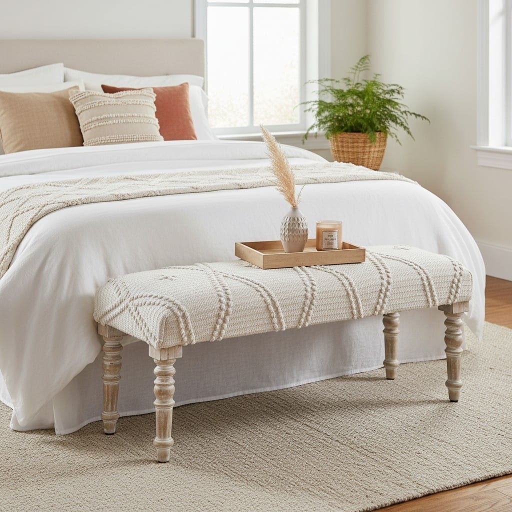 46 in. White Upholstered Accent Bench with Cream Solid Wood Frame