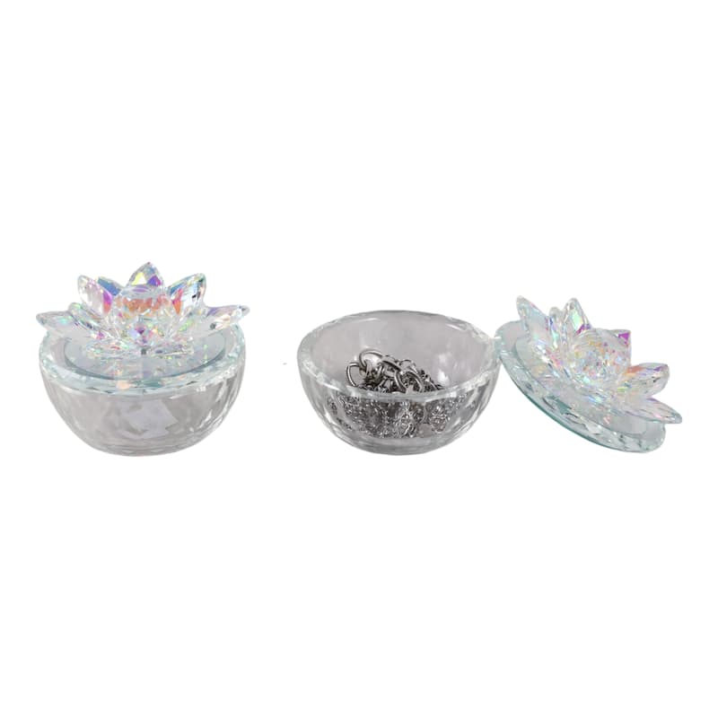 Decorative Rainbow Lotus Top Glass Trinket Dish for Jewelry and Keepsake Storage