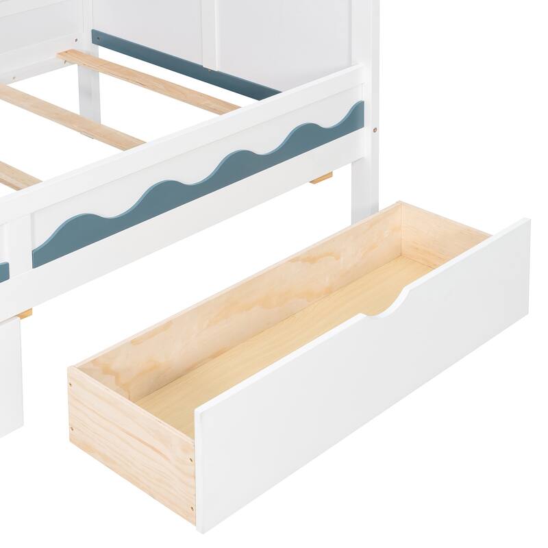 Roomfitters Twin Over Twin House Bunk Bed with Storage Staircase and LED Lighting, Castle Playhouse Sleeper System