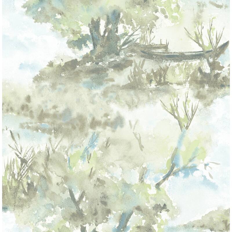 Seabrook Designs Attersee Trees Scenic Watercolor Unpasted Wallpaper - 20.5 in. W x 33 ft. L (approximately 56 sq. ft.) - Powder Blue, Greige & Green