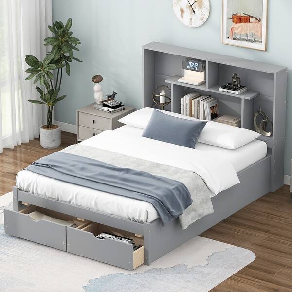 slide 2 of 30, Full Size Platform Bed with Storage Headboard and 2-Drawers, Grey Grey