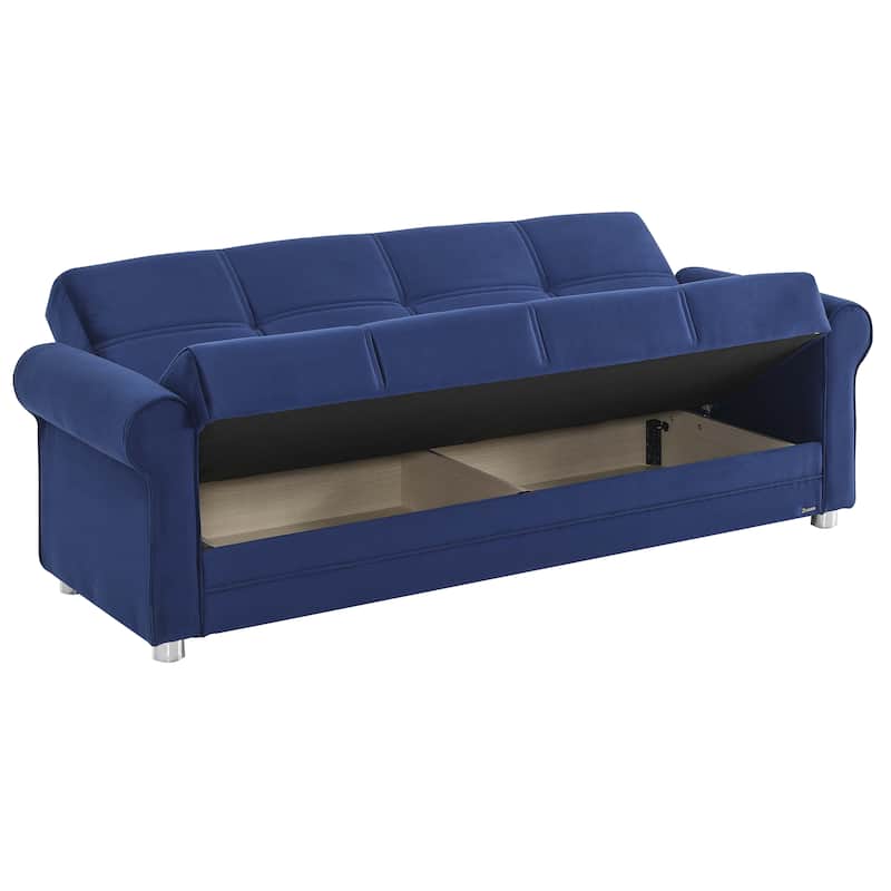 HomeRoots 89" Blue Microfiber Convertible Futon Sleeper Sofa And Toss Pillows With Storage
