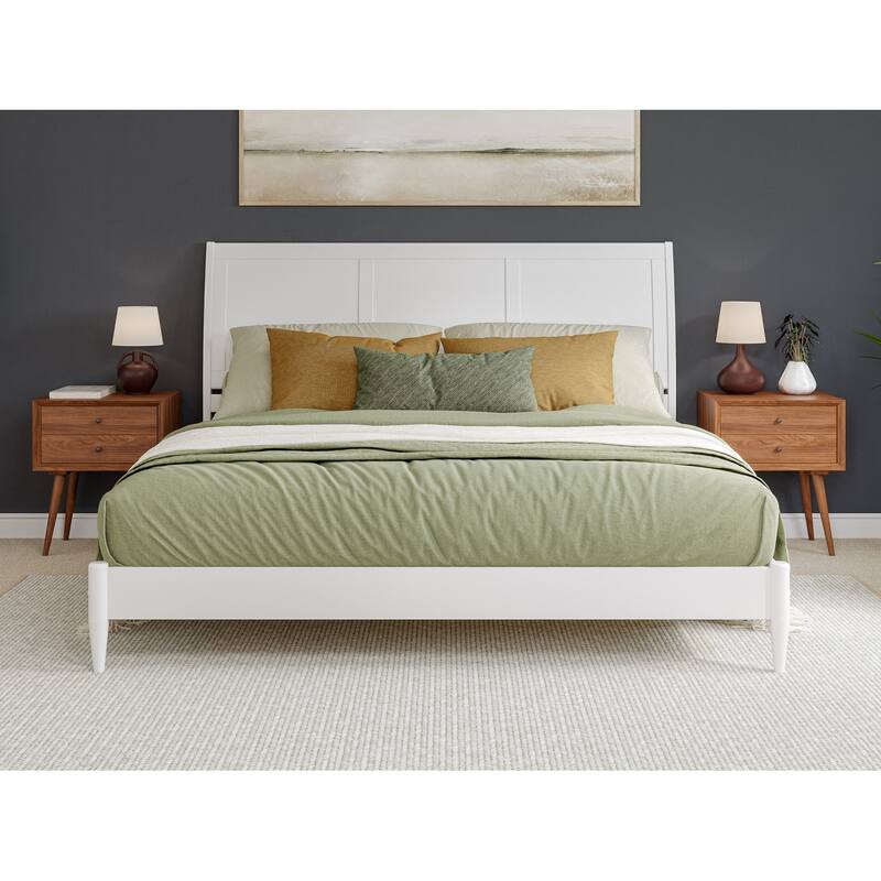 King Size Platform Bed - Solid Wood Sleigh Style Low Profile Bed Frame - White Finish