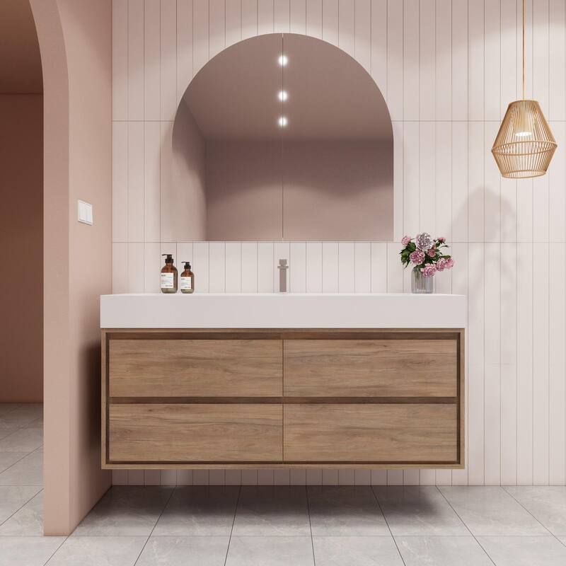 Victoria 60" Wall Mounted Modern Vanity with Single Acrylic Sink - WhiteOak - 59.5''