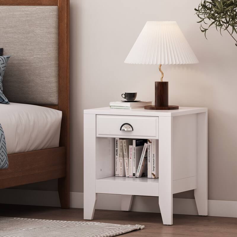 Contemporary Nightstand with Drawer and Open Shelf, Wood Bedside Table for Bedrooms, 2-Tier Storage - White