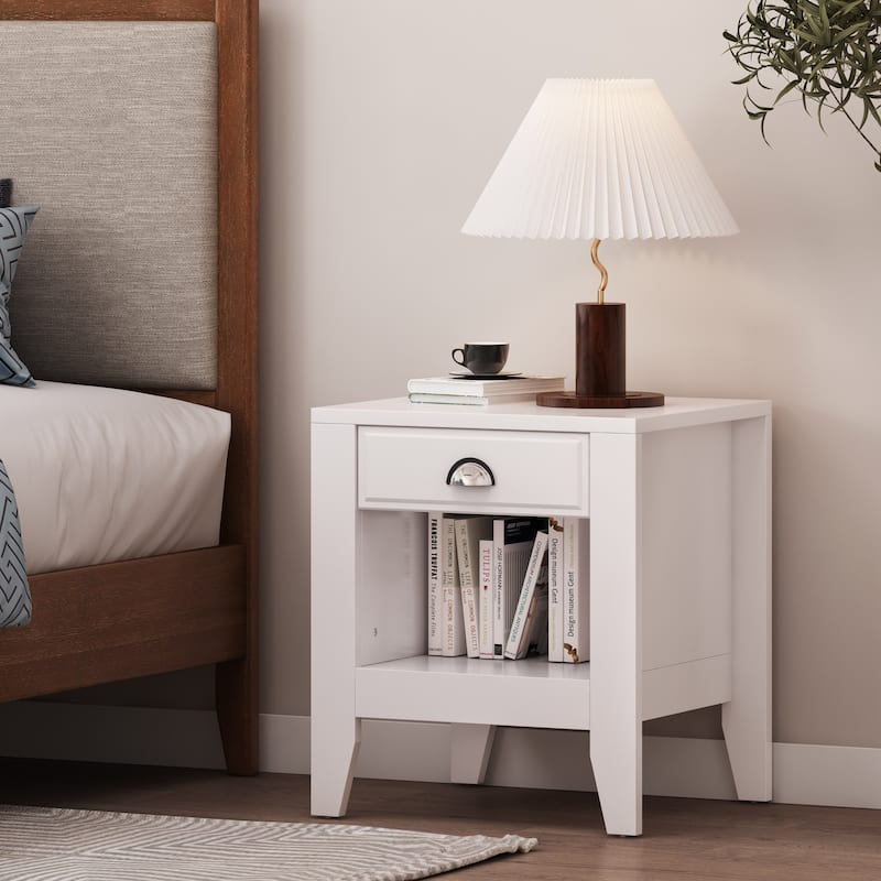 Modern Nightstand with Drawer, Bedside Tables, Nightstands with Open Storage Shelf, Wood Bedside Table, 2-Tier Night Table - White
