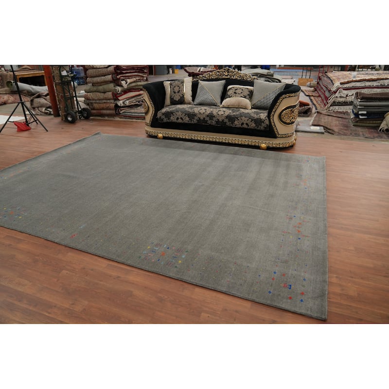 Hand Knotted Oriental 100% Wool Carpet Tribal Animal Pictorial Greys & Charcoal Gabbeh Area Rug - 12' 6'' X 9' 3''