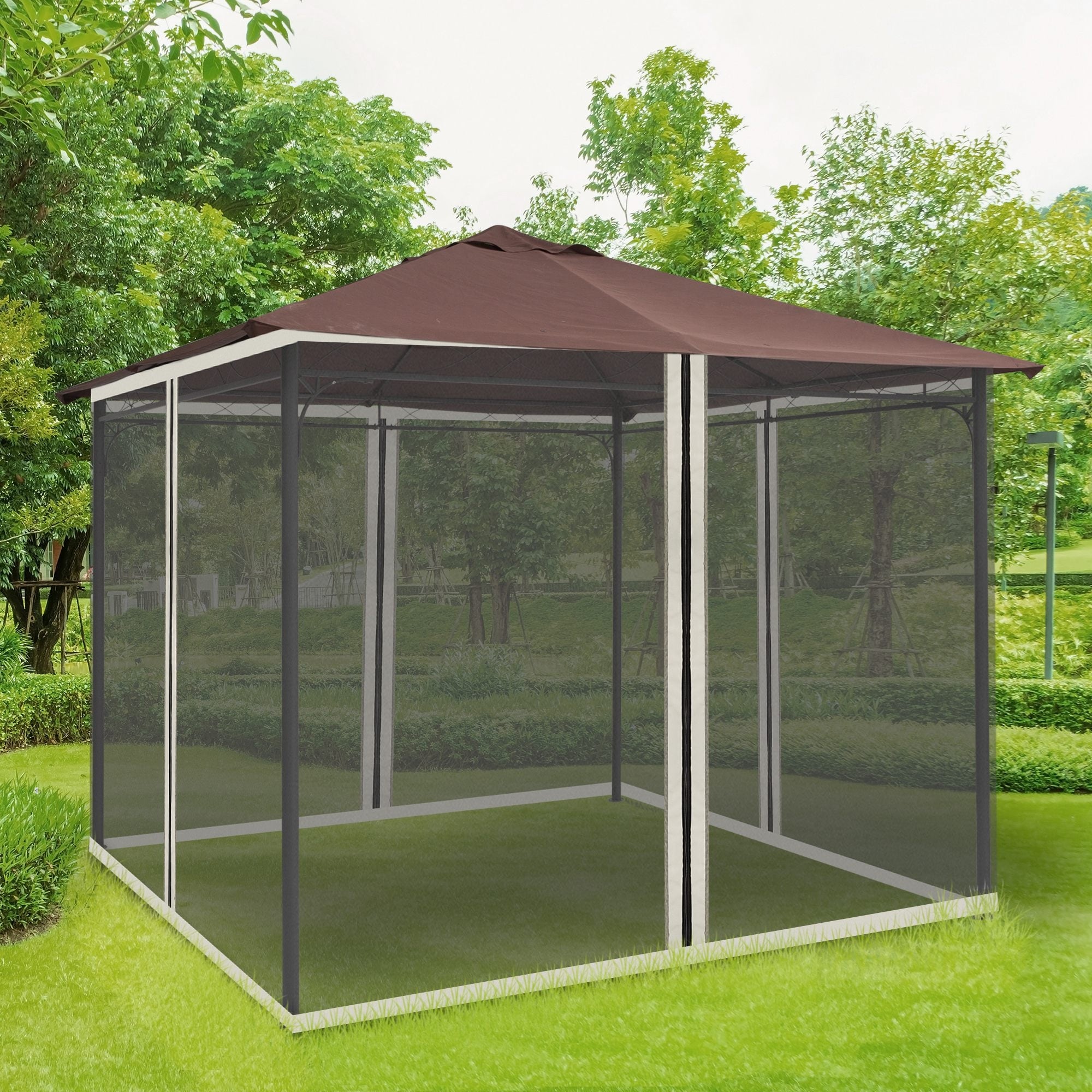 Outdoor Gazebo Canopy 10'x10' Pop Up Party Tent Mesh Mosquito Net Patio Tan NEW 