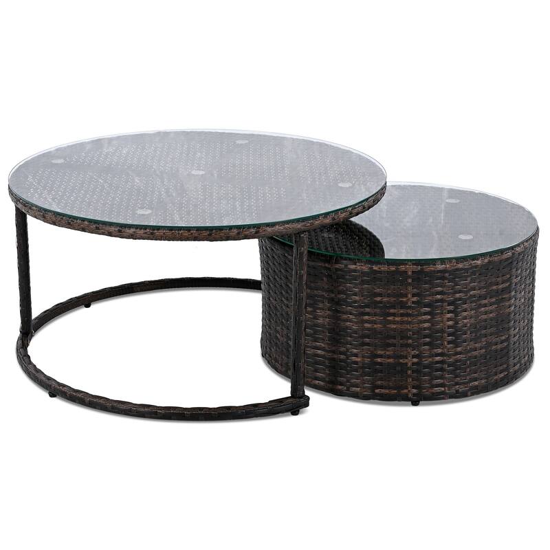 9-Piece Half-Moon Wicker Patio Sofa Set with Cushions and Two Round Coffee Tables