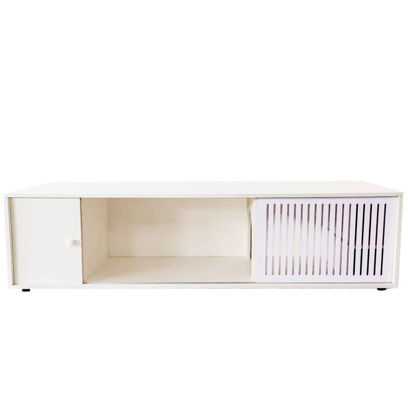 Wood Media Console with Removable Sliding Door, TV Stand with Slatted Doors, Cat-Friendly Compartments