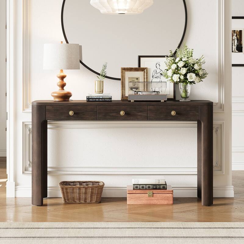 Rustic 52" Console Table with Drawers and Curved Legs for Entryway or Living Room Decor - Espresso