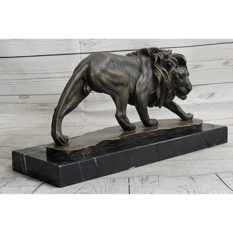 Male Lion Stalking Prey Bronze Sculpture Statue Signed Art On Marble Base