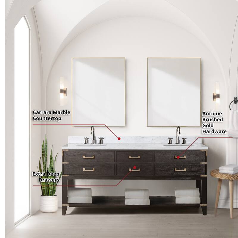 Lexora Norwalk Bath Vanity, Carrara Marble Top, Faucet Set, and Mirror