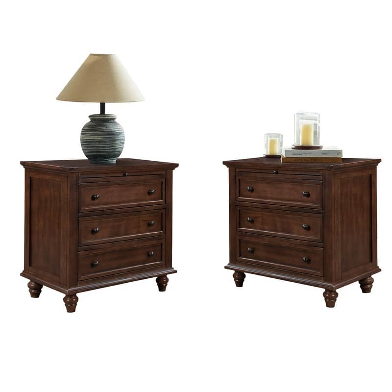 Modern 3-Drawer Nightstand (Set of 2) with Pull Out Tray for Organized Living Spaces