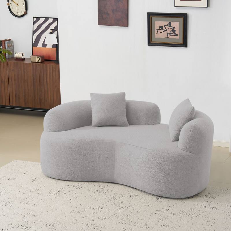 66.93 Inch Curved Loveseat Grey Full Compression Sponge Sofa, Teddy Velvet Fabric, No-Assembly Compact Sofa