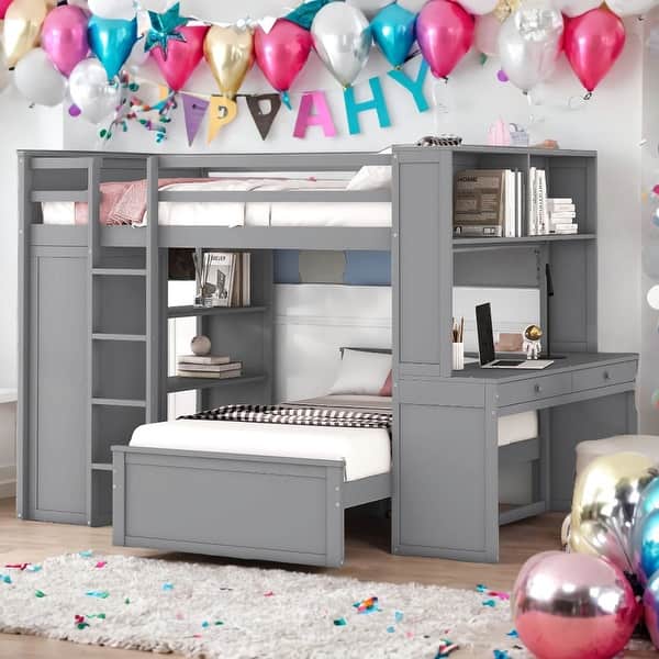 slide 2 of 14, Full size Loft Bed With Twin Size Stand-alone Bed,Shelves,Desk And Wardrobe