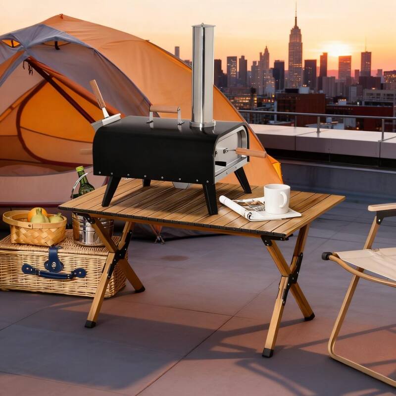 GDFStudio - Portable Outdoor Pellet Pizza Oven with 12" Cordierite Stone, Foldable Legs, Thermometer and Pizza Peel - 17.25"D