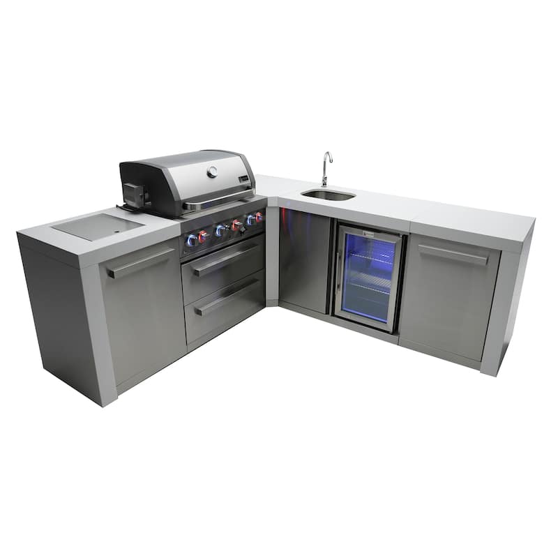 Mont Alpi MAi400-D90BEV 4-Burner L-Shaped 90° Corner Deluxe Stainless Steel Outdoor Kitchen Island Grill with Beverage Center