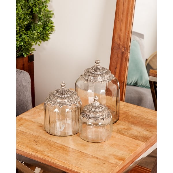 Clear Glass Decorative Jars with Engraved Silver Lids (Set of 3