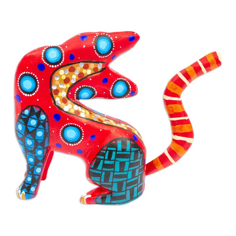 Novica Handmade Crimson Feline Questions Wood Alebrije Figurine